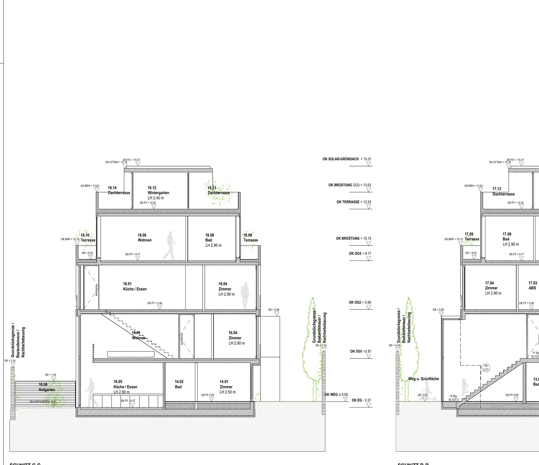Gebäudeschnitt durch die Maisonette-Einheiten